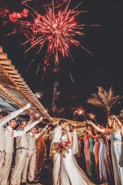 Evening celebration with fireworks at large hospitality event